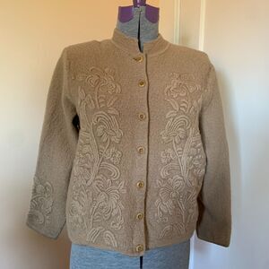 Boiled Wool Women's Jacket Sz M Khaki Hand Embroidery Button Up Sweater Cardigan